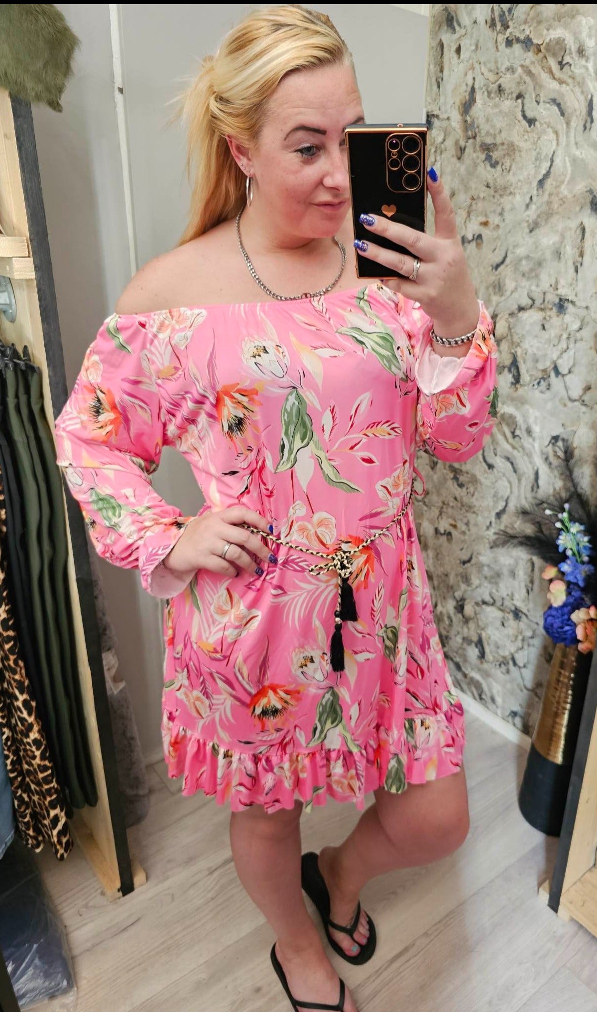 Schulterfreies Reisekleid | Rosa