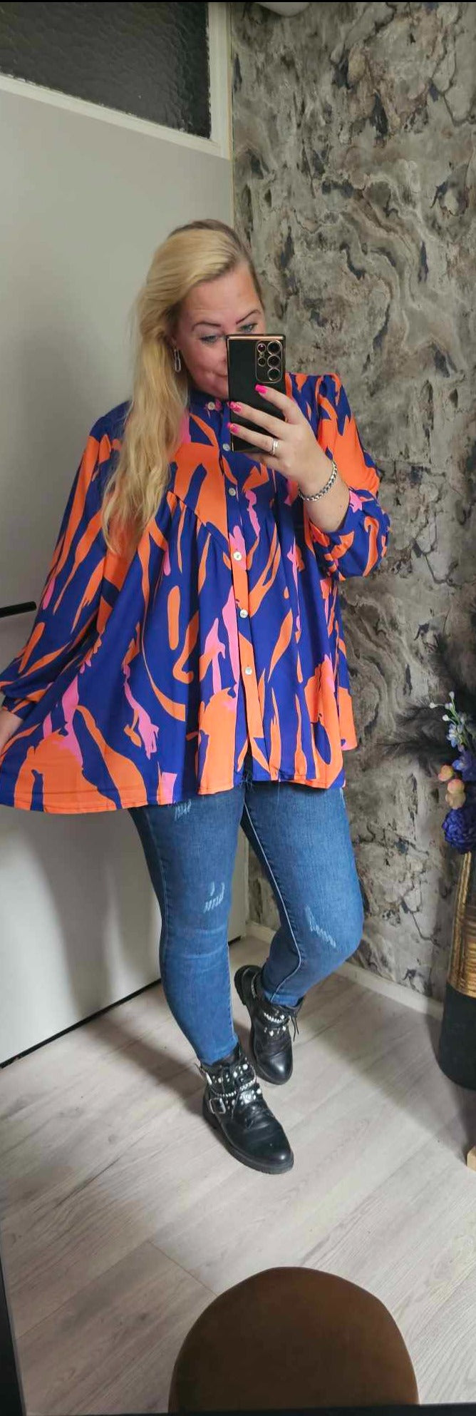 BLOUSE PRINT | BLAUW/ORANJE