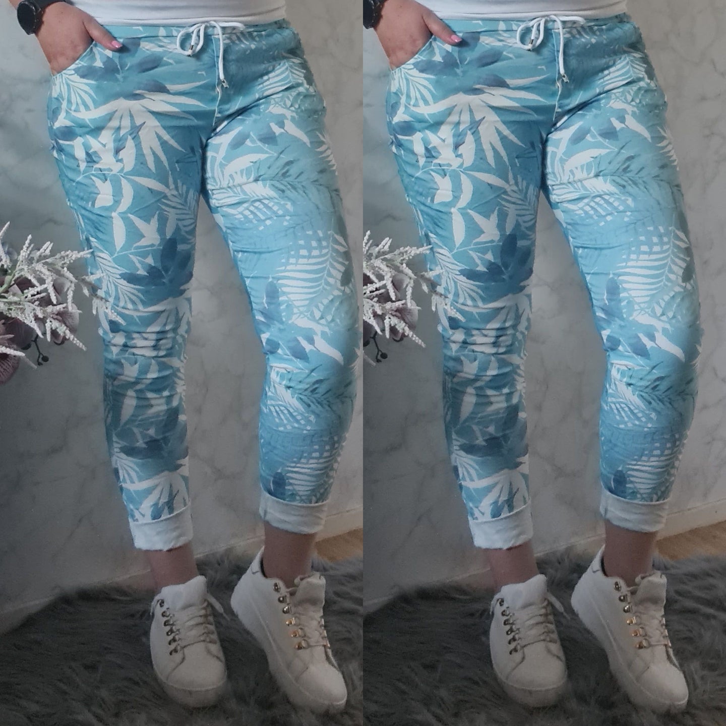 Stretchbroek bladeren | licht blauw