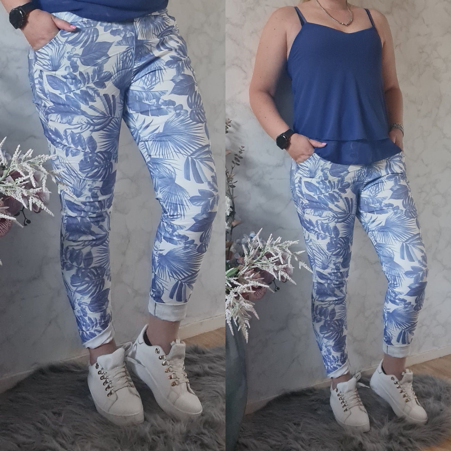 Stretchbroek bladeren | jeans blauw