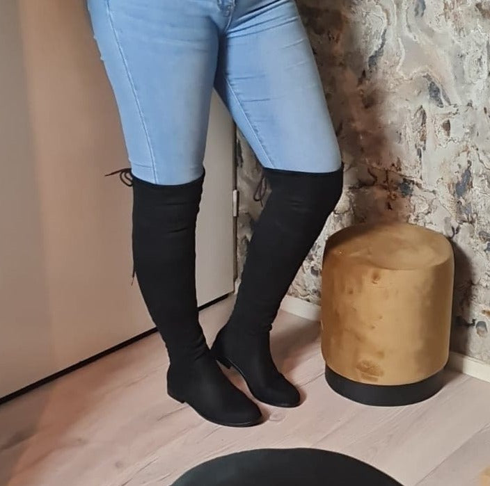 SUEDINE OVERKNEE LAARZEN  LOW | ZWART